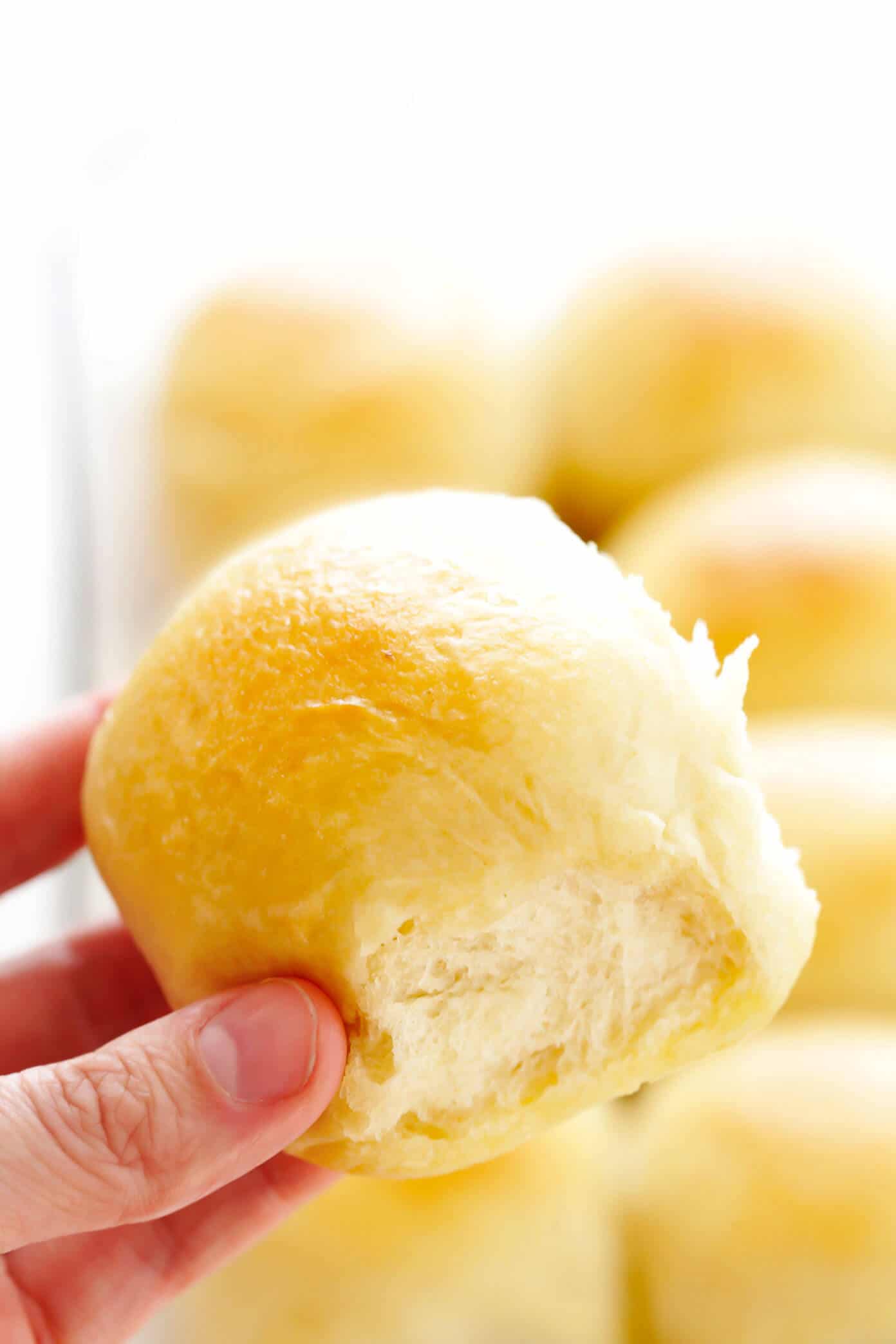 My favorite 1-Hour Soft and Buttery Dinner Rolls recipe is easy to make by hand or with a stand mixer, perfectly soft and fluffy, and so buttery and delicious! Options to make them with garlic, herbs, or extra-cheesy included too! | gimmesomeoven.com #dinner #rolls #buns #side #thanksgiving #christmas #bread #holidays #bake Soft Dinner Roll Closeup