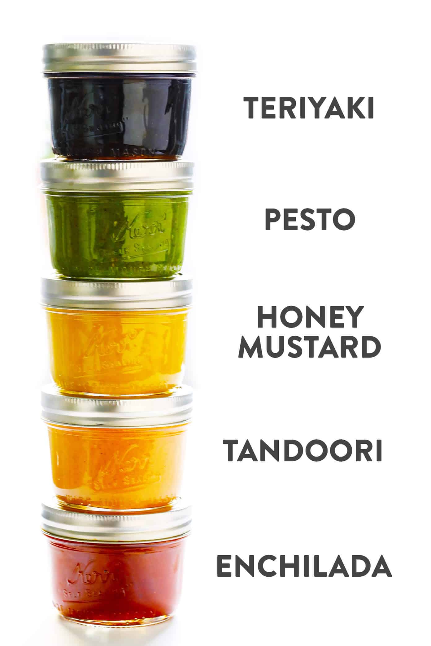 These 5 Easy Chicken Marinade Recipes -- Teriyaki, Enchilada, Tandoori, Honey Mustard and Pesto -- are freezer-friendly, perfect for #mealprep, naturally #glutenfree, and SO delicious. Use them for grilling, baking, stir-frying, or however you prefer! | gimmesomeoven.com #chicken #healthy #mealprep #dinner #recipe #marinade Chicken Marinades