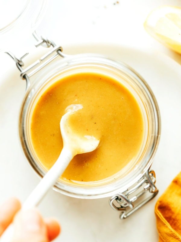 Caesar-ish dressing (anchovy vinaigrette) in jar