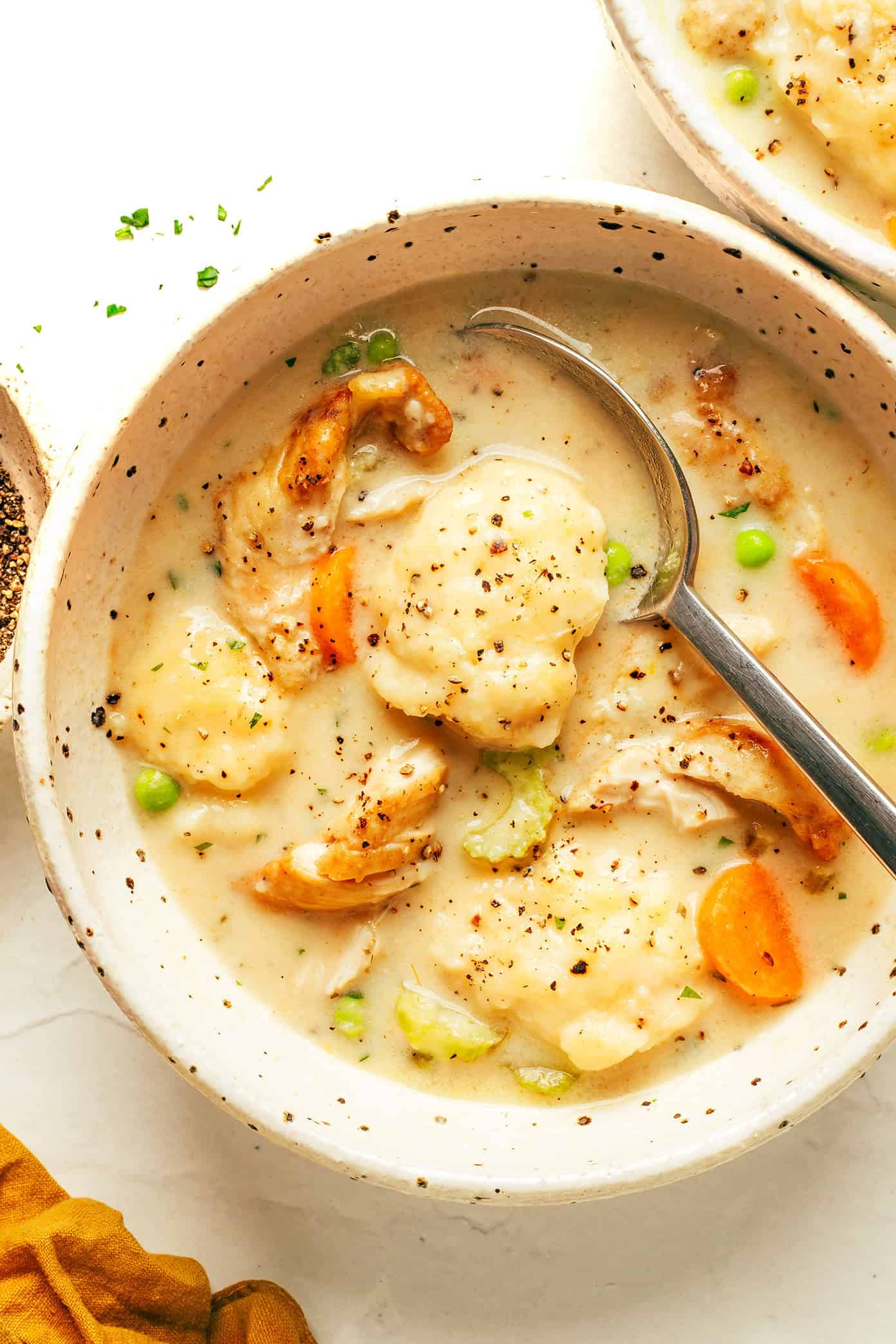 bowl of chicken and dumplings
