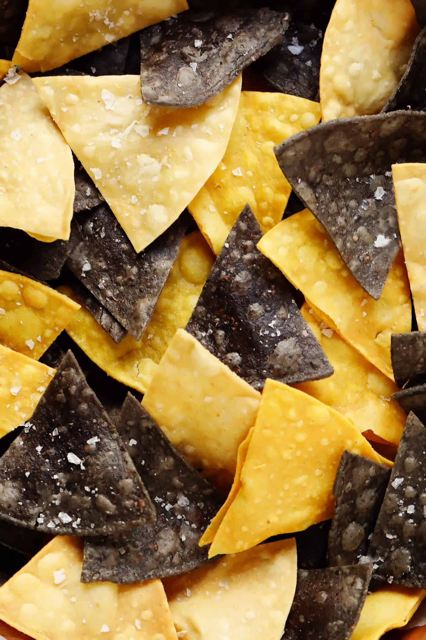 This homemade tortilla chips recipe is easy to make with 3 basic ingredients (corn tortillas, oil and salt) and always SO delicious! | gimmesomeoven.com #homemade #corn #tortilla #chips #glutenfree #vegan #vegetarian #appetizer #gameday #snack Tri-Color Corn Tortilla Chips