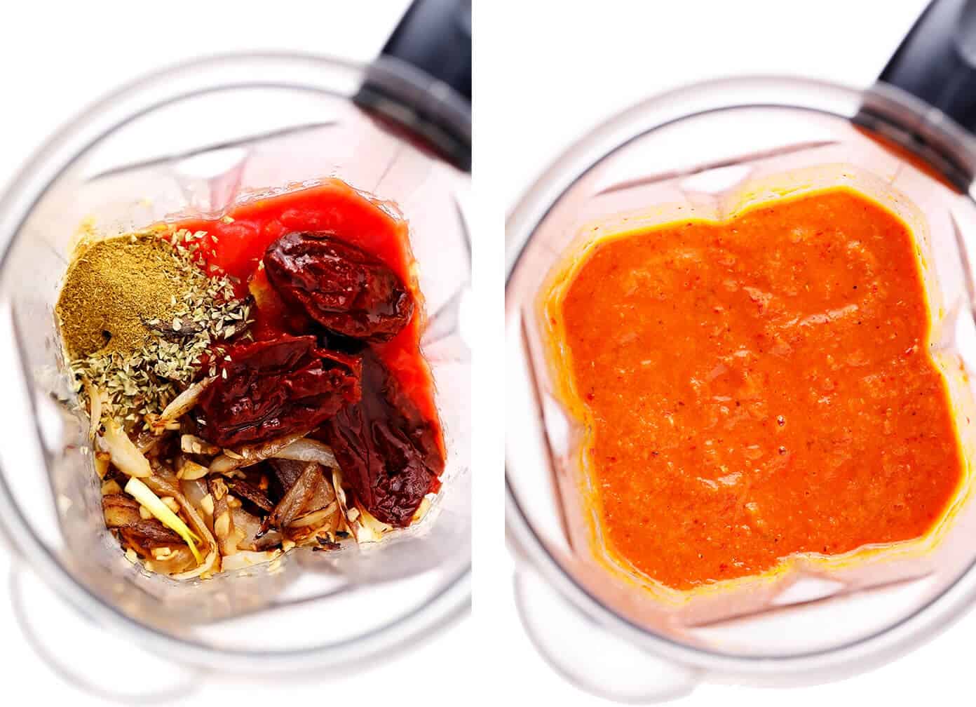 This Mexican Chicken Tinga recipe is remarkably quick and easy to make in 30 minutes and tossed with the best smoky, savory, and slightly-sweet tomato sauce. It's naturally gluten-free and perfect for serving for dinner in tacos, tostadas, burritos, quesadillas and more! | gimmesomeoven.com How To Make Chicken Tinga Sauce in Blender