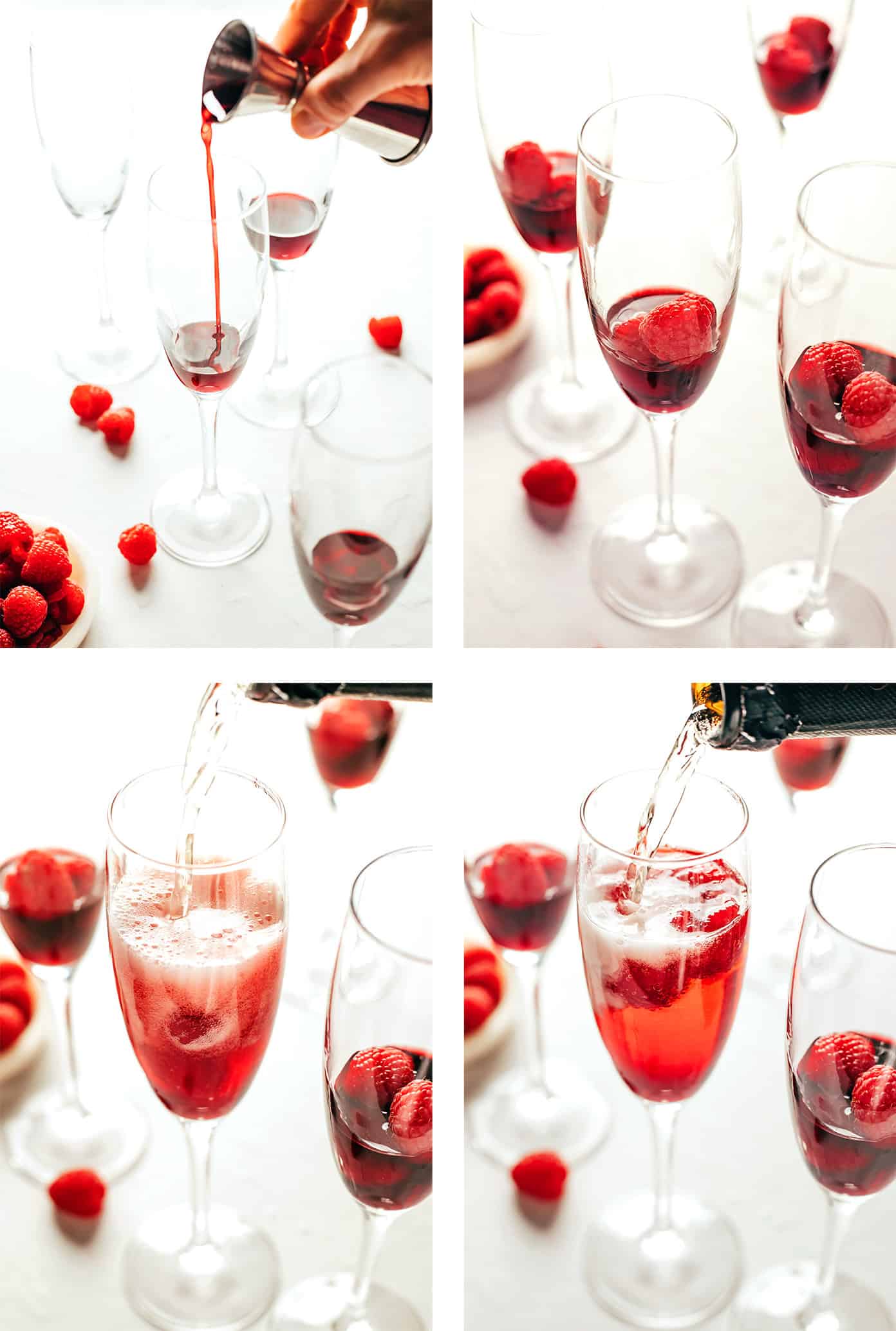 This classic kir royale cocktail recipe is easy to make with dry sparkling wine (such as Champagne, cava or prosecco), crรจme de cassis (blackcurrant liqueur) and your choice of berries for garnish. It's a vibrant, bubbly, refreshing drink that's perfect for summertime! | gimmesomeoven.com Step by step photos showing how to make a kir royale cocktail