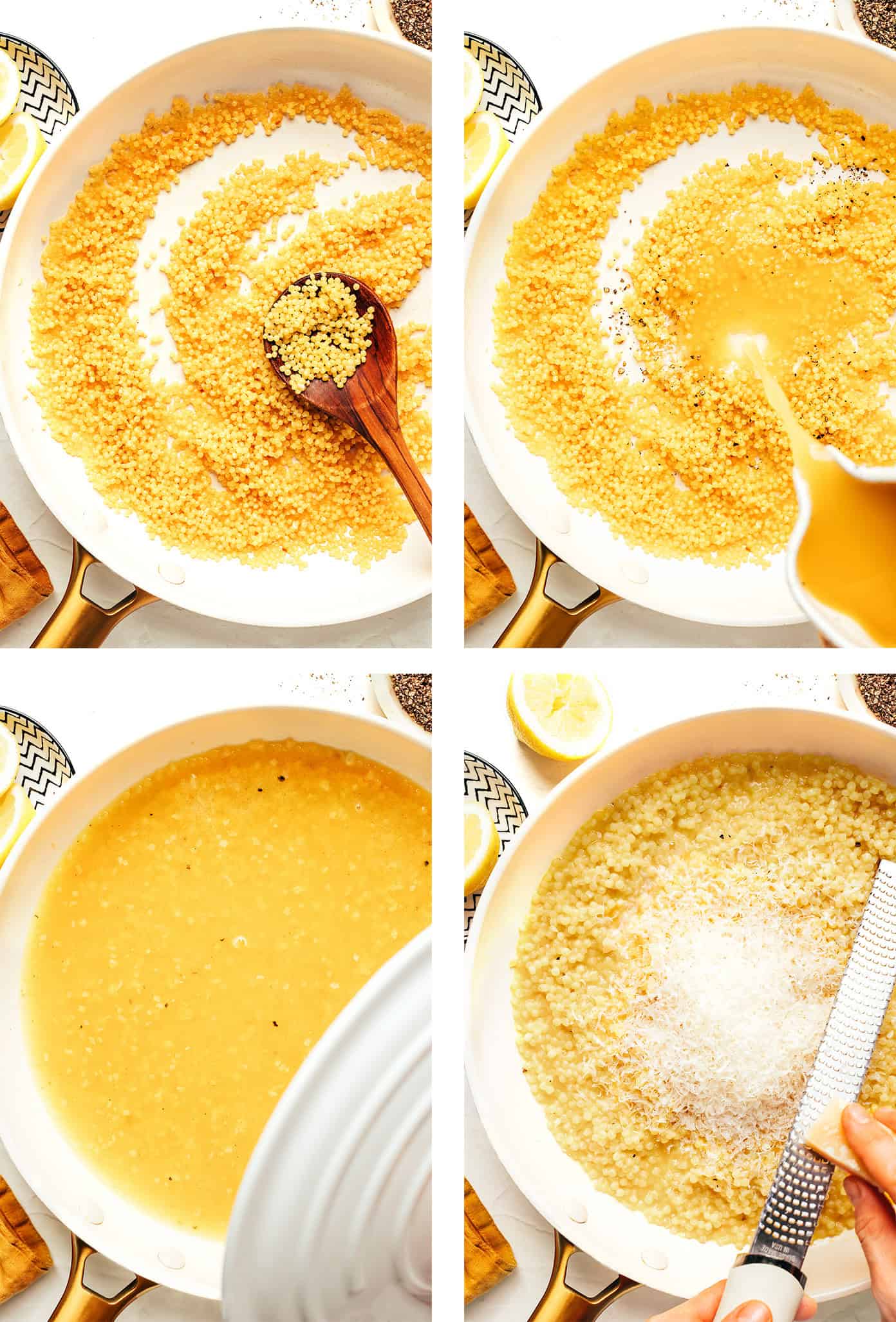 This lemon Parmesan pearl couscous recipe is a simple, versatile, and delicious side dish that pairs beautifully with everything from roasted veggies to grilled meats and more. | gimmesomeoven.com Step by step photos for how to make pearl couscous