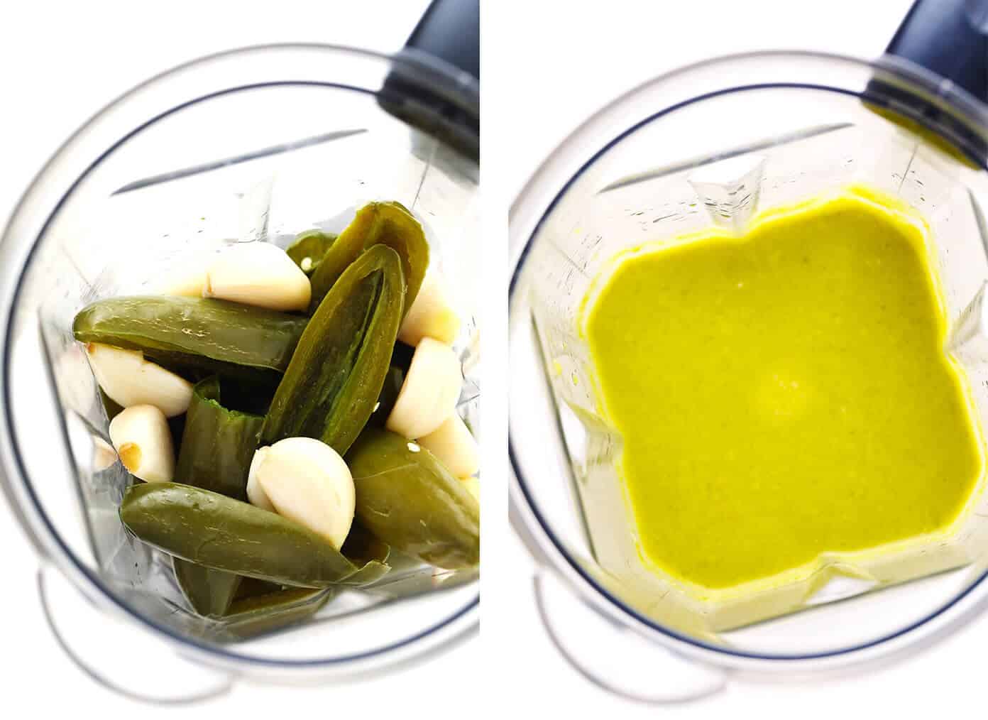 This 5-ingredient creamy jalapeño salsa recipe is easy to make in 30 minutes and irresistibly garlicky and flavorful. Perfect for dipping with chips or drizzling on whatever other Mexican-inspired dishes you love best. It is naturally gluten-free and vegan, and options are included to make this salsa as mild or spicy as you prefer. | gimmesomeoven.com Puréeing salsa doña in blender