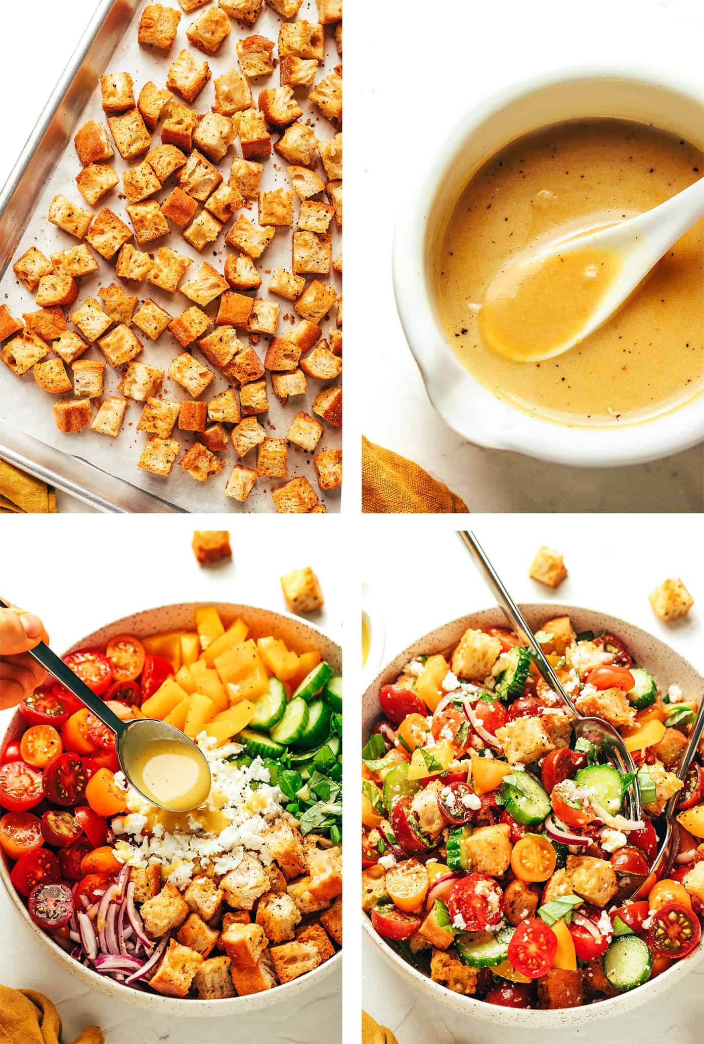 This delicious panzanella salad is easy to make with garlic croutons, fresh cherry tomatoes, cucumber, bell pepper, red onion, feta or mozzarella, and a red wine vinaigrette. The perfect easy dinner recipe for summertime and easy to customize to your liking! | gimmesomeoven.com How to make panzanella salad