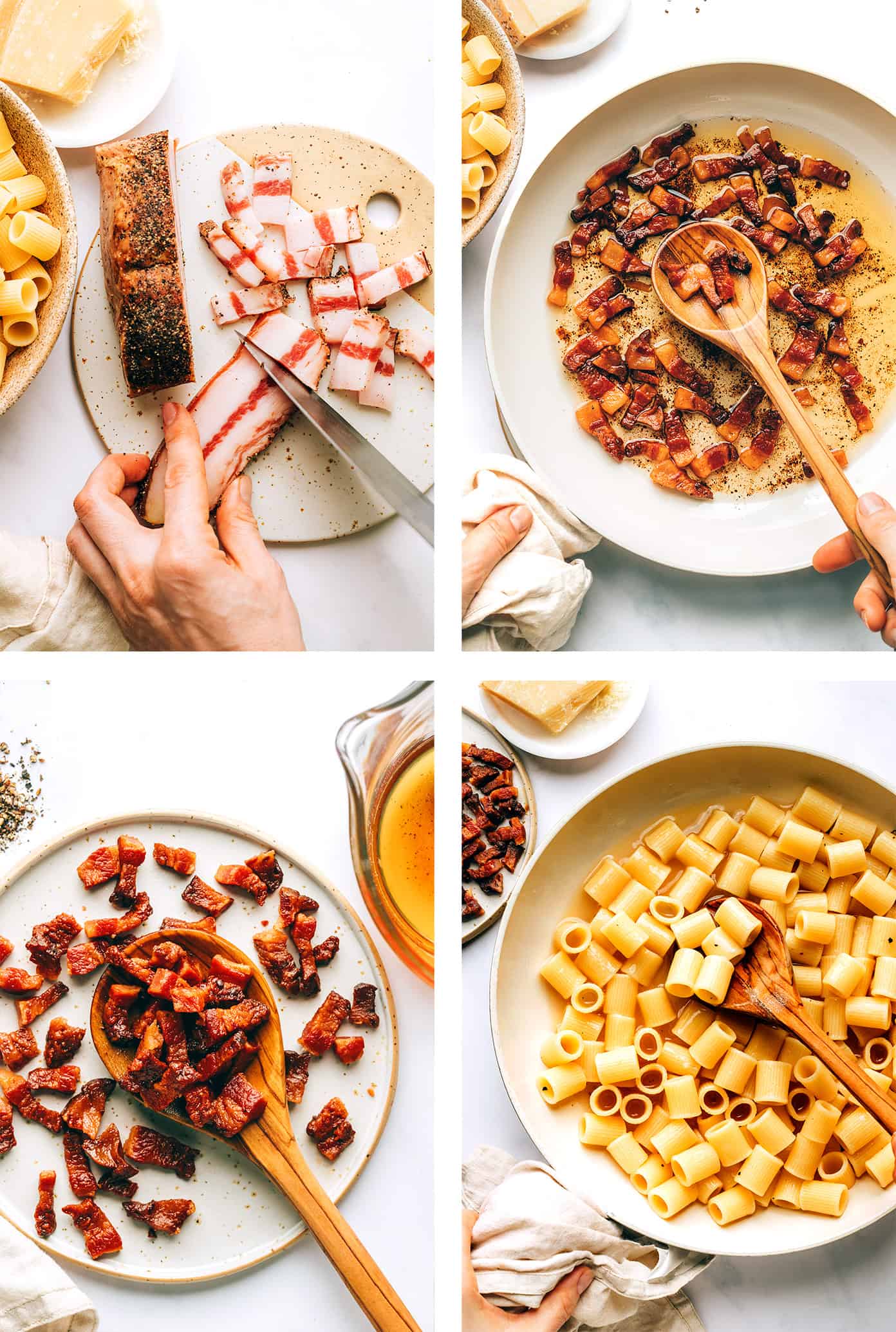 This classic Roman pasta alla gricia recipe is easy to make with 3 ingredients -- bacon (guanciale), cheese (Pecorino) and pasta (rigatoni or spaghetti) and always tastes SO decadent and flavorful. The perfect easy dinner for Italian night! | gimmesomeoven.com Step by step photos of how to make pasta alla gricia