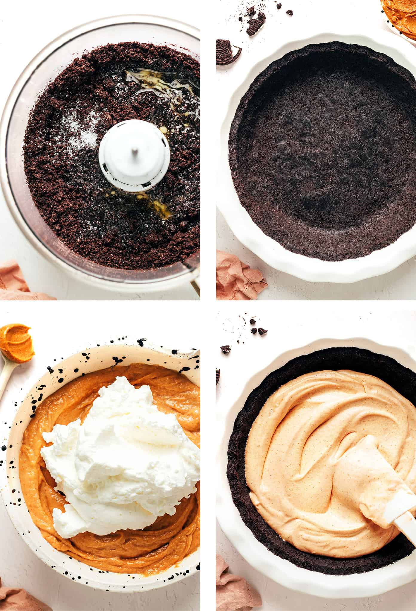 This classic no-bake peanut butter pie recipe features a chocolate Oreo crust and a fluffy peanut butter filling. The perfect easy summer dessert! | gimmesomeoven.com Step by step photos of how to make peanut butter pie