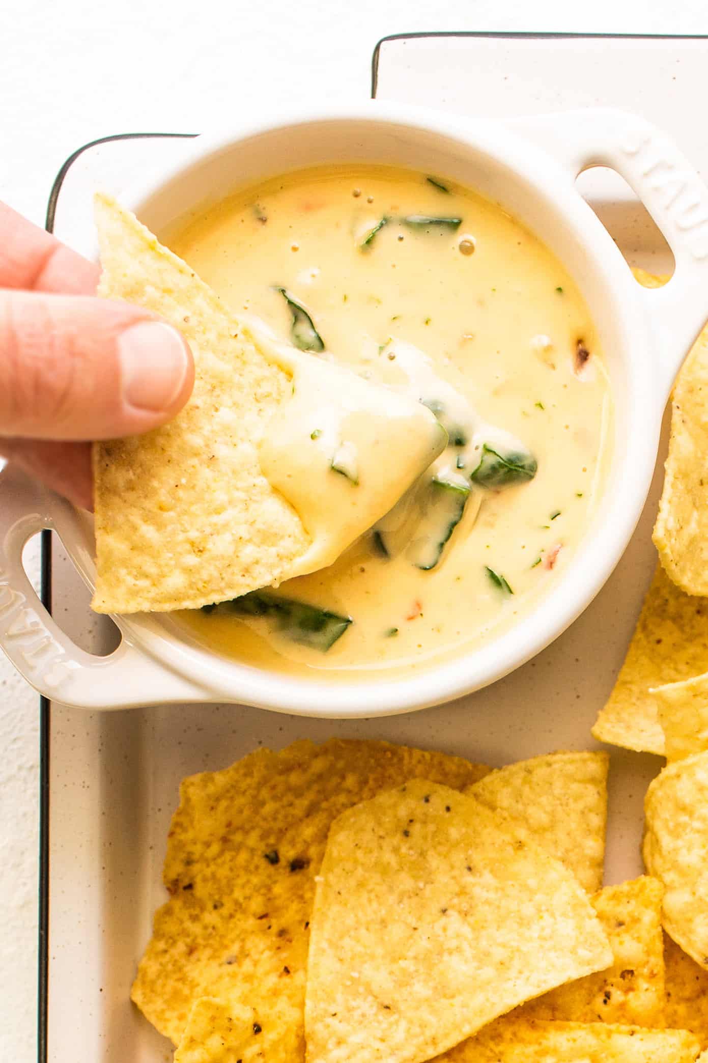 This queso blanco (white cheese dip) recipe is easy to make in about 20 minutes, perfectly melty and scoop-able, and irresistibly delicious. Easy to make with spinach, tomatoes, chiles and the perfect blend of melting cheeses in just 15 minutes, and always everyone's favorite appetizer! | gimmesomeoven.com Queso Blanco (White Cheese Dip)