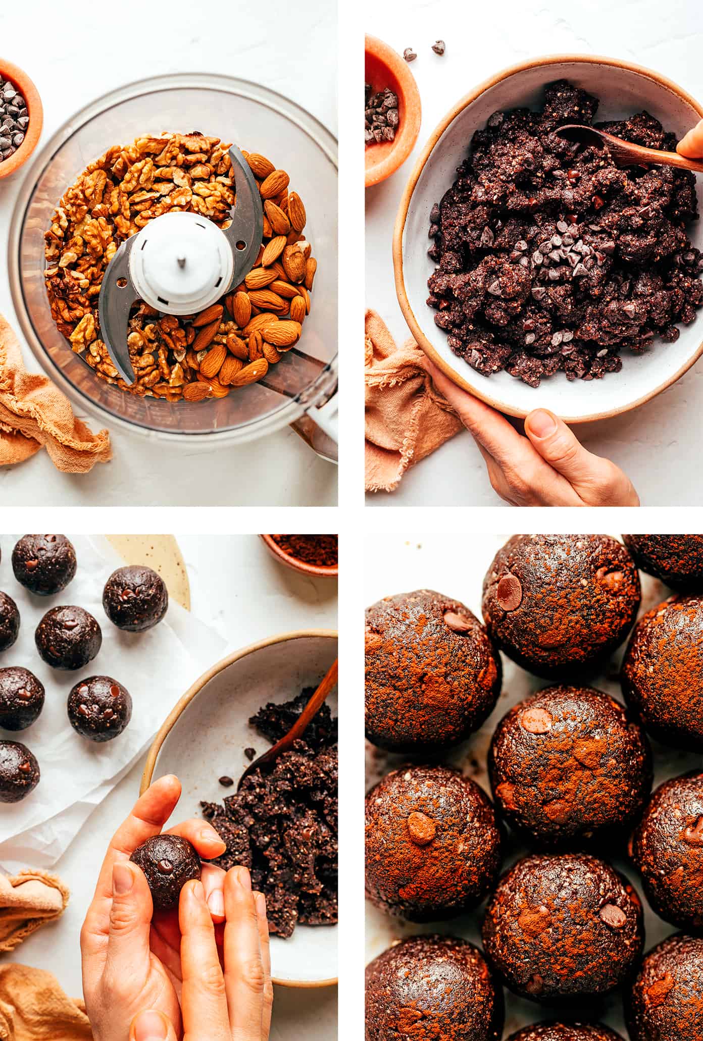 These salted chocolate brownie bites are quick and easy to make with nuts (almonds and walnuts), dates, cocoa powder, vanilla, sea salt and mini chocolate chips. A tasty breakfast, dessert, or snack made with healthier ingredients to satisfy those chocolate cravings! | gimmesomeoven.com Step by step photos showing how to make brownie bites