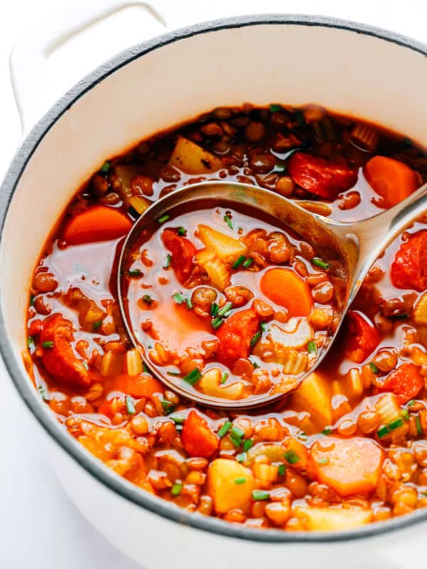Spanish Chorizo Lentil Soup in Pot
