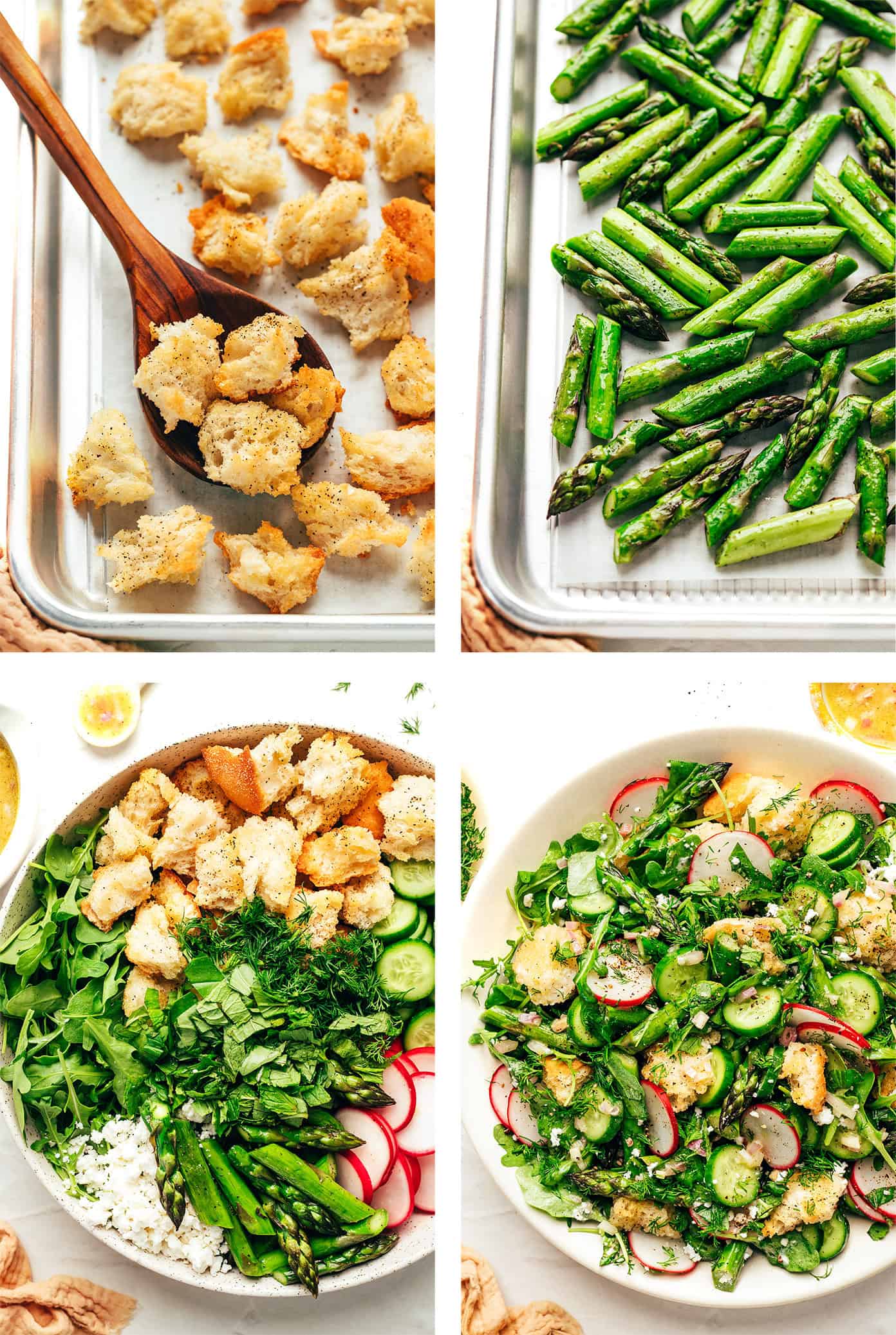 Step by step instructions showing how to make spring panzanella