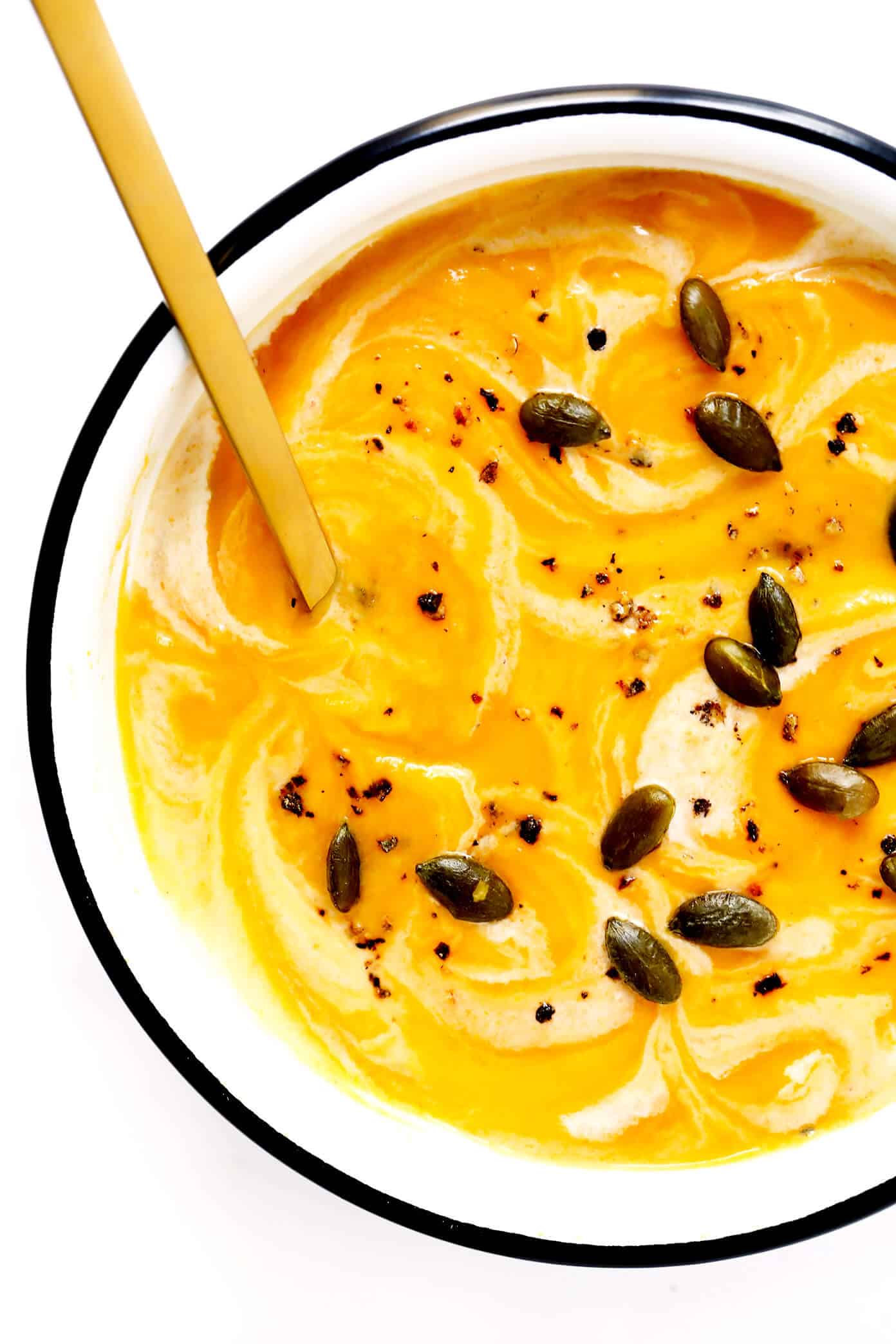 Vegan Butternut Squash Soup in Bowl with Pepitas