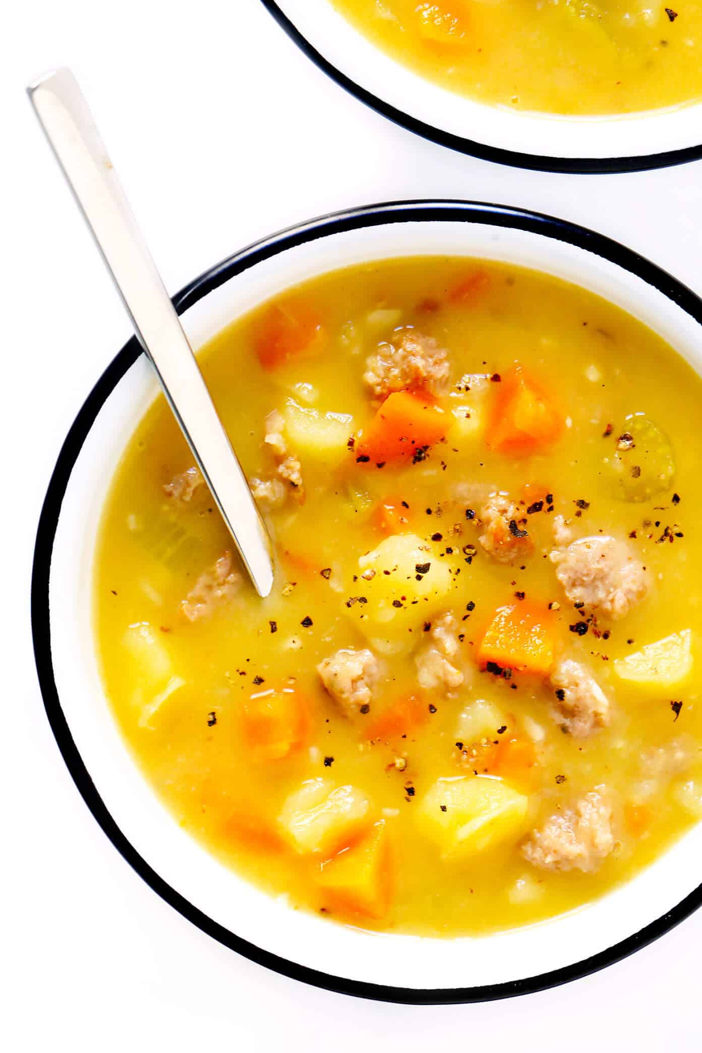 This delicious Turkey Cheeseburger Soup recipe is lightened up with a few simple tweaks, it's full of veggies, and easy to make in the pressure cooker, slow cooker or on the stovetop. | Gimme Some Oven #soup #turkey #cheeseburger #instantpot #crockpot #dinner #healthy Turkey Cheeseburger Soup Recipe from Skinnytaste